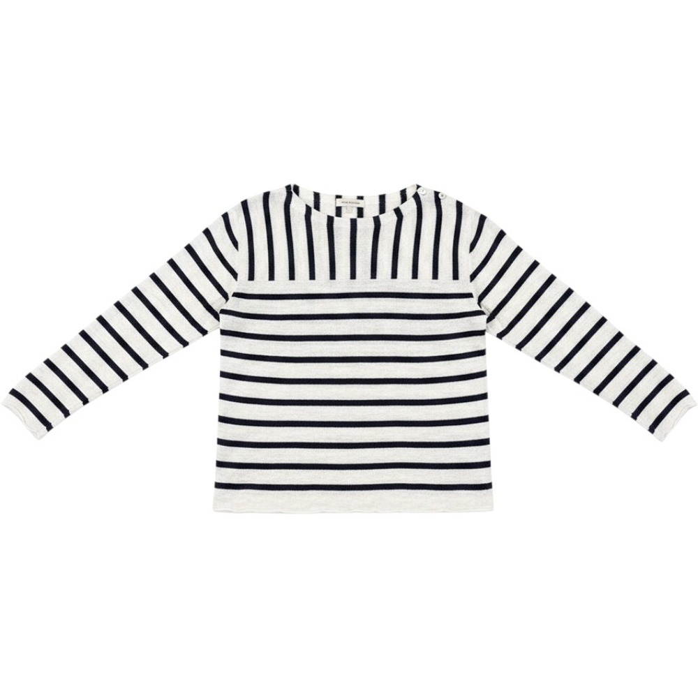 Eileen Fisher Stripe Sweater XS White Navy Linen Cotton Shoulder Button Coastal